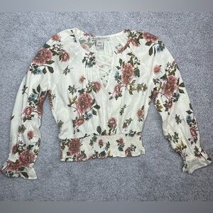 American Rag Top Womens XS Tunic Cropped Floral Long Sleeve Chic Flowers Work
